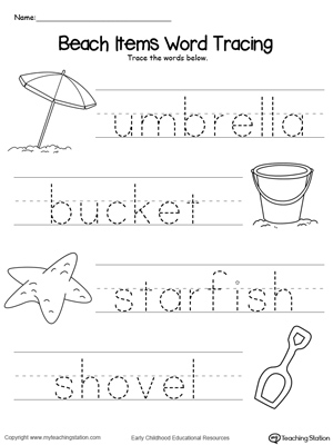 Beach-Items-Word-Tracing-Worksheet