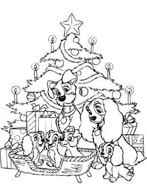 Lady-and-The-Tramp-by-the-Christmas-Tree-Coloring-Page (kids)